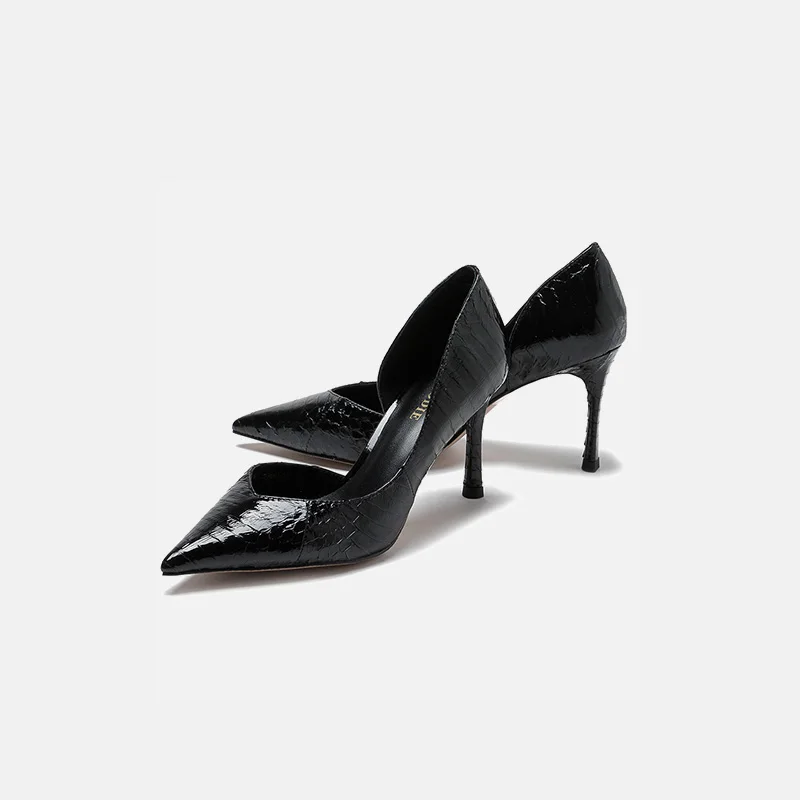 

MELODIE 2019 New Style Snakeskin Side high Pointed Toe Shallow High Heels Shoes Woman Thin Heels Joker Ugged Women Shoes MCJ018