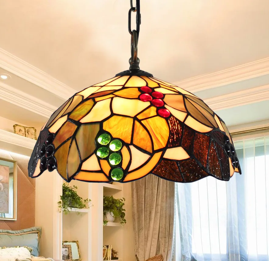 

American Pastoral grape restaurant chandelier 12 inch 30CM bedroom balcony Tiffany stained glass coffee house pendant lamp