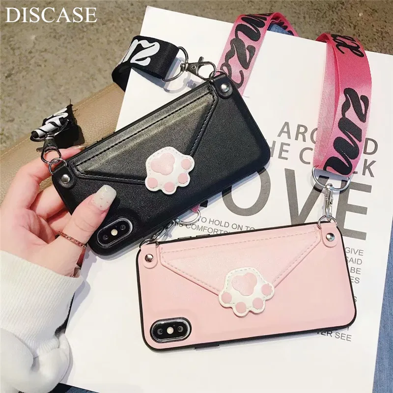 

DISCASE Case For iphone XR X 6 6S plus 8 7 plus XS MAX Case Luxury pu Leather Lips Card Wallet With Shoulder Strap Phone Lanyard