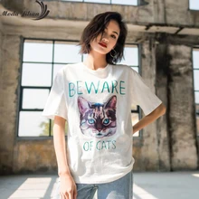 Moda jihan новые женские футболки хлопковые футболки с коротким рукавом женские шикарные печатные кошачьи буквы черные повседневные топы уличные стильные футболки