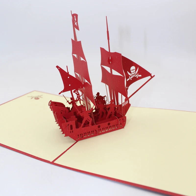  3D Handmade Full Red Sailing Ship Pirate Boat Paper Greeting Cards with Envelope Business Kids Birt - 32914208965
