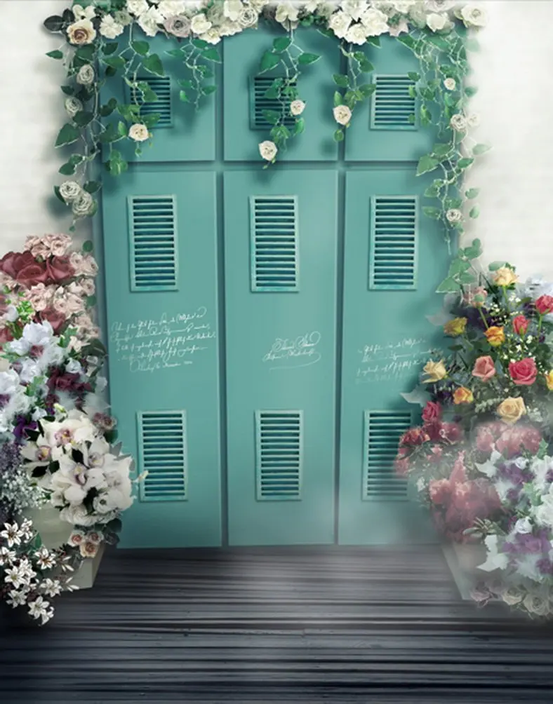 

5x7ft Wooden Floor Flowers Green Door Photography Backdrops Photo Props Studio Background