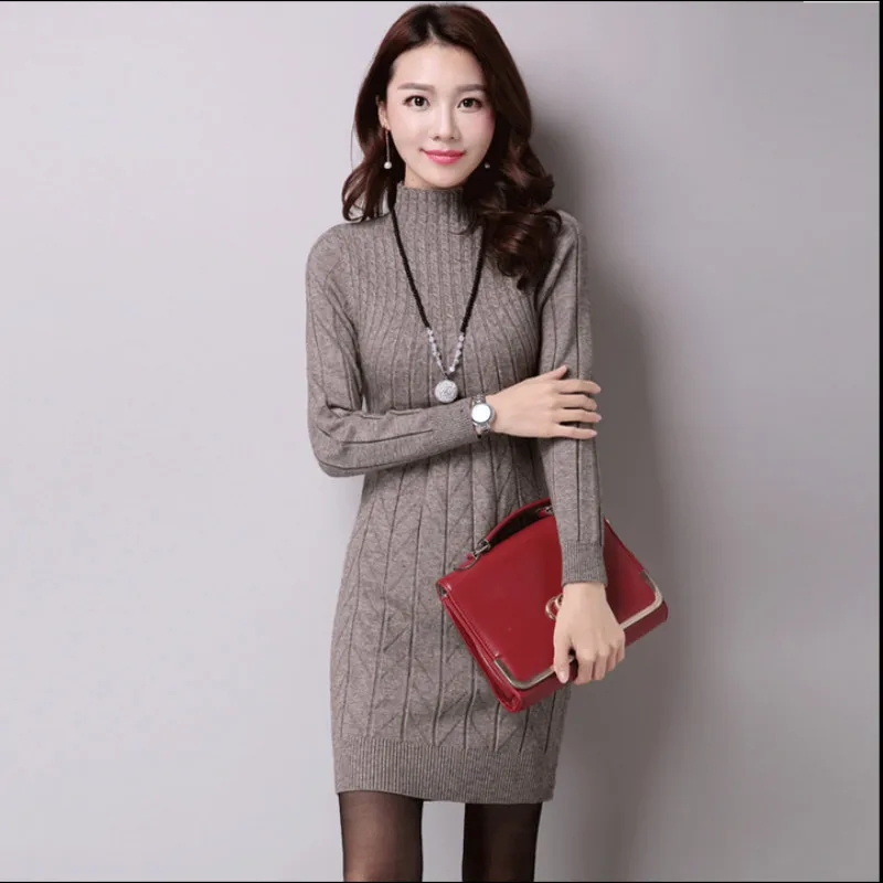 

Autumn Knitted Cotton Solid Skinny Stand Collar Women Sweater Dresses Elastic Plus Size Sexy Winter Warm Vestidos Femme