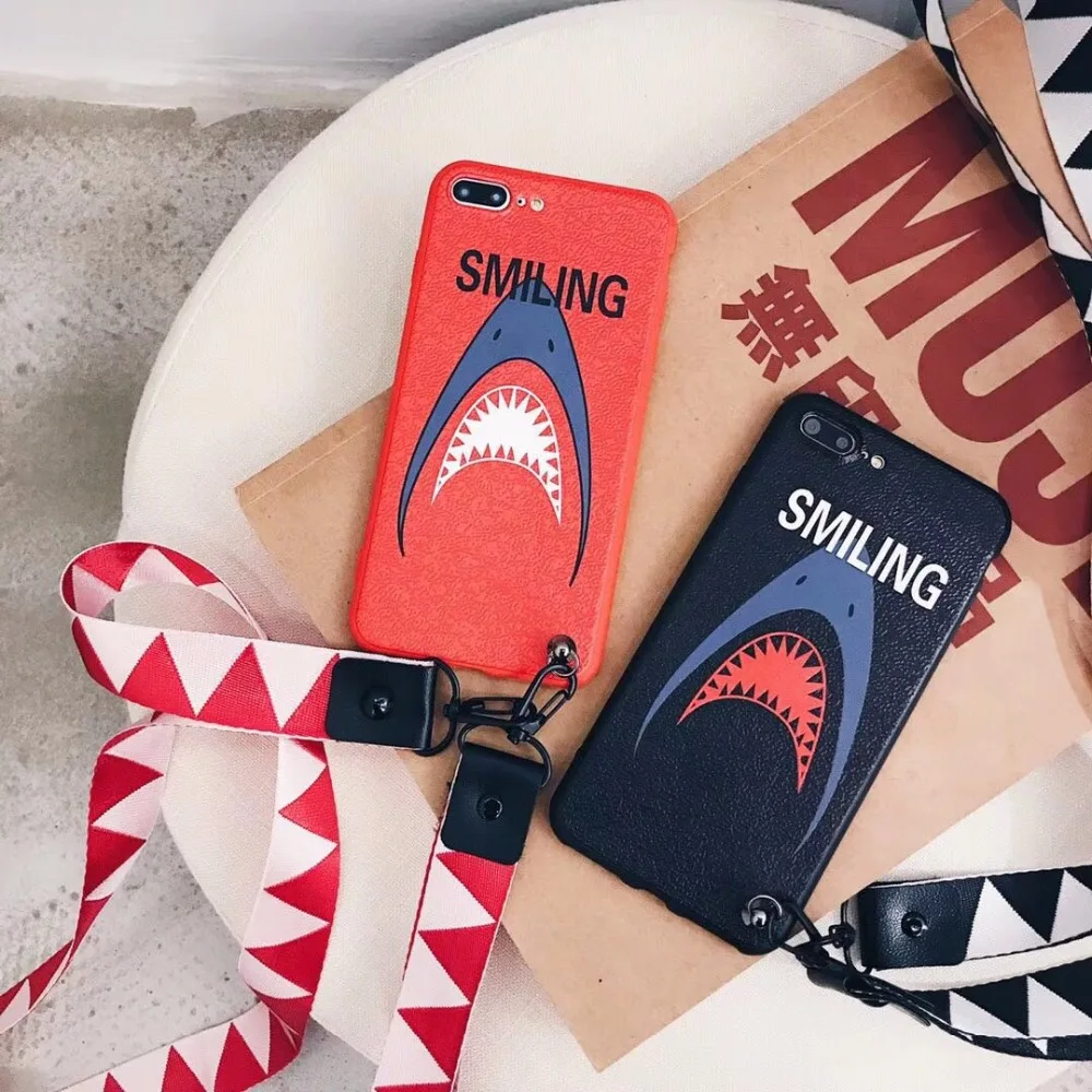 Super Cute Cartoon Shark Pattern With Same Lanyard Matte TPU Case Cover For Iphone6 6S 7 7S 8 6P 7P 8P X |