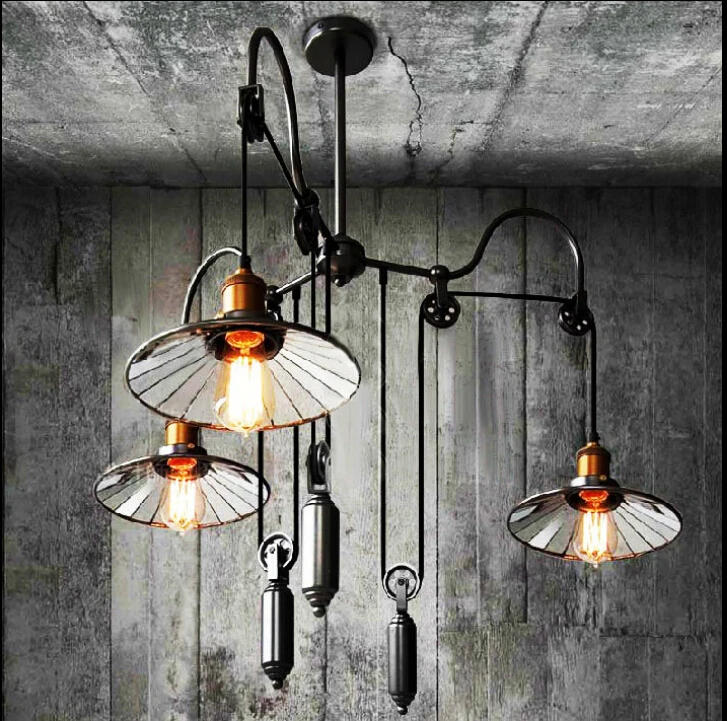  Loft American Creative retro industrial pendant light triple lift Bar attached mirror lampshade pul