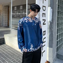 Для мужчин Мода атласная Стиль печати Свободные Повседневное пуловер с длинными рукавами рубашки мужской вечерние рубашки сценические костюмы