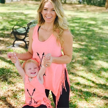 

New Mother Daughter Summer Matching Clothes Mom Girl Sleeveless Vest Top T Shirt Tassels Casual Beach Outfits Cotton