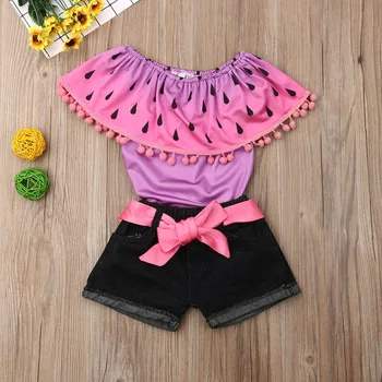 

Baby Girl Outfit Sets summer Cotton Baby Girl Kid Watermelon Printed Ruffle Tops+ Jeans Shorts Outfits Set F503