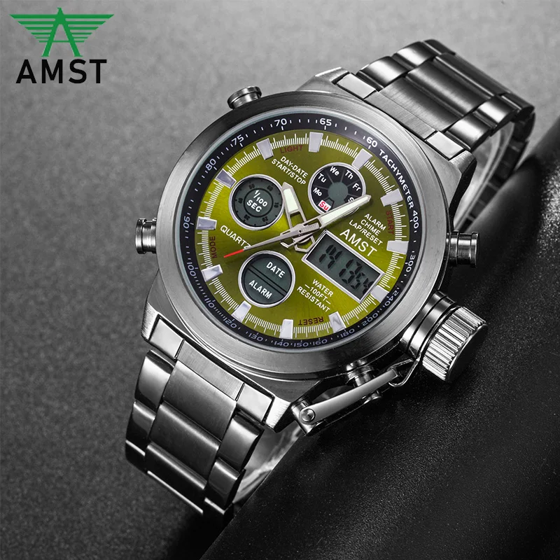 Preise AMST 2019 Neue Männer der Armbanduhr Uhr Digital Dual Display Uhr Männlichen Multi funktion Quarz Uhr 50M Wasserdicht chronograph