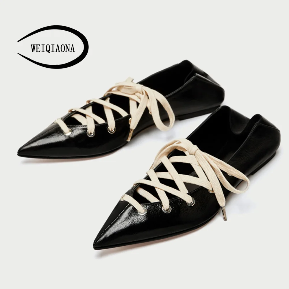 

WEIQIAONA 2018 New Women's Fashion casual ladies flats sheep leather pointed toe shallow Female Half drag lazies ballet shoes
