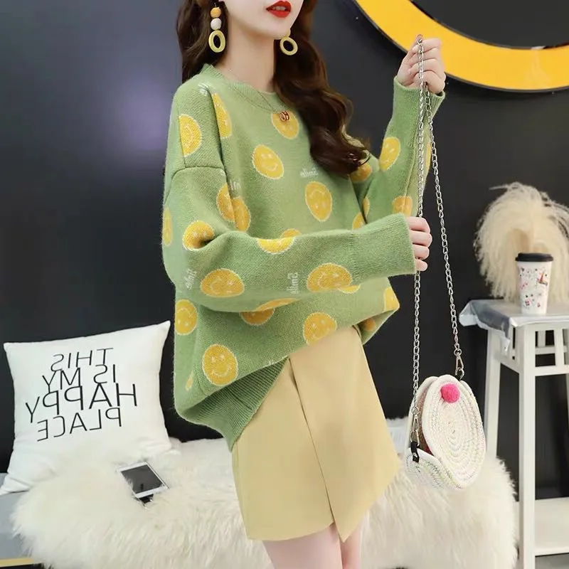 

Women sweater coat jacket lazy wind sweet pullover female 2019 early autumn new round neck jacquard sweater