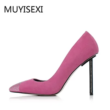 

Full Sheepskin Rhinestone Iron High Heels Women Shoes Party Pumps Genuine Leather High Quality Rose Apricot Black RNS02 MUYISEXI
