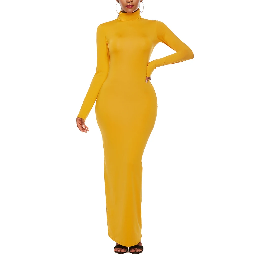 Women Long Sleeve High Collar Dress Solid Color Stretch Slim Summer QL Sale | Женская одежда