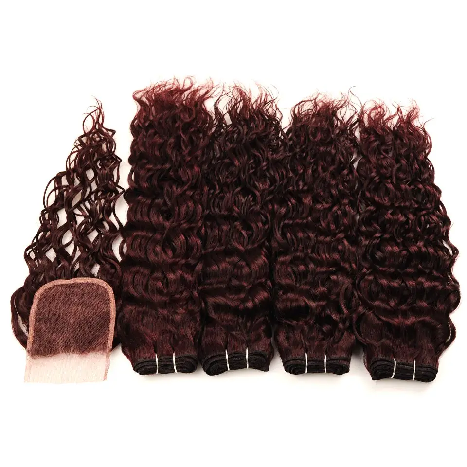 Brazilian Water Wave Hair Burgundy 4 Bundles With Closure Wet Wavy Pinshair Pre-Colored Dark Red Human Hair With Closure NonRemy (82)