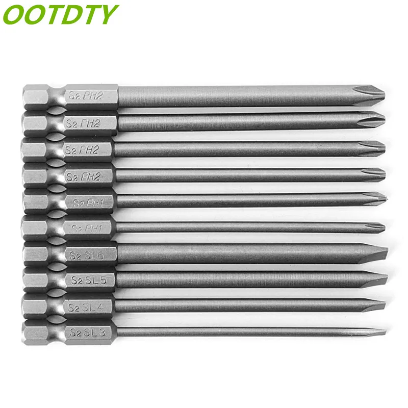 OOTDTY 10 шт. магнитные прорези PH2 отвертка бит S2 сталь 1/4 шестигранный хвостовик 100