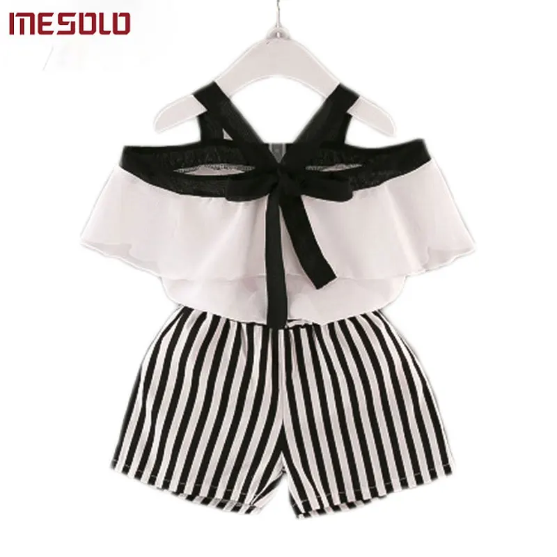 

MESOLO In the summer of 2019 girls temperament falbala collar to hang a word neck chiffon + striped shorts two-piece X1507