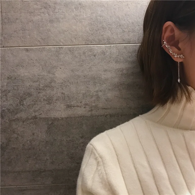 Tassel Water Drop Silver Color Crystal Ear Cuff Clip on Earrings Fashion Rhinestone Women Earcuff Ear Stud Jewelry Gift