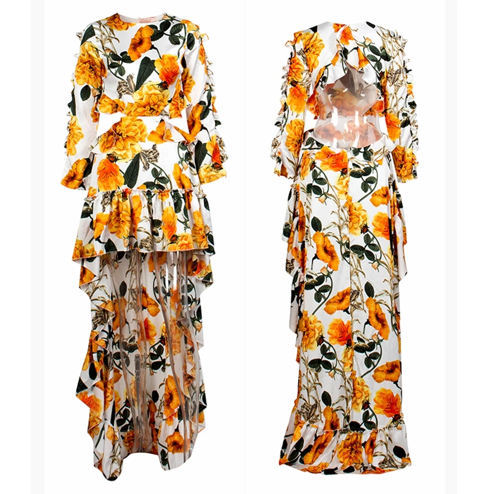 

2019 New Fashion Summer Dress Orange Flower Patchwork Long Maxi Celebrity Evening party Vestidos Backless Long Sleeve Wholesale