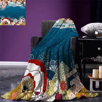 

Modern Throw Blanket Japanese Contemporary Asian Artful with Flowers Hand Fans on Blue Backdrop Print Warm Microfiber Blanket