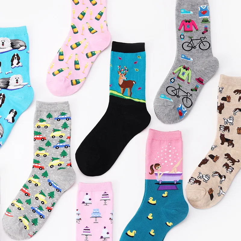 Модные Разноцветные носки с мультяшным рисунком в стиле Харадзюку, машины, мороженого, собаки, пирога, девушки, счастливые забавные женские носки из чесаного хлопка, повседневные новые носки
