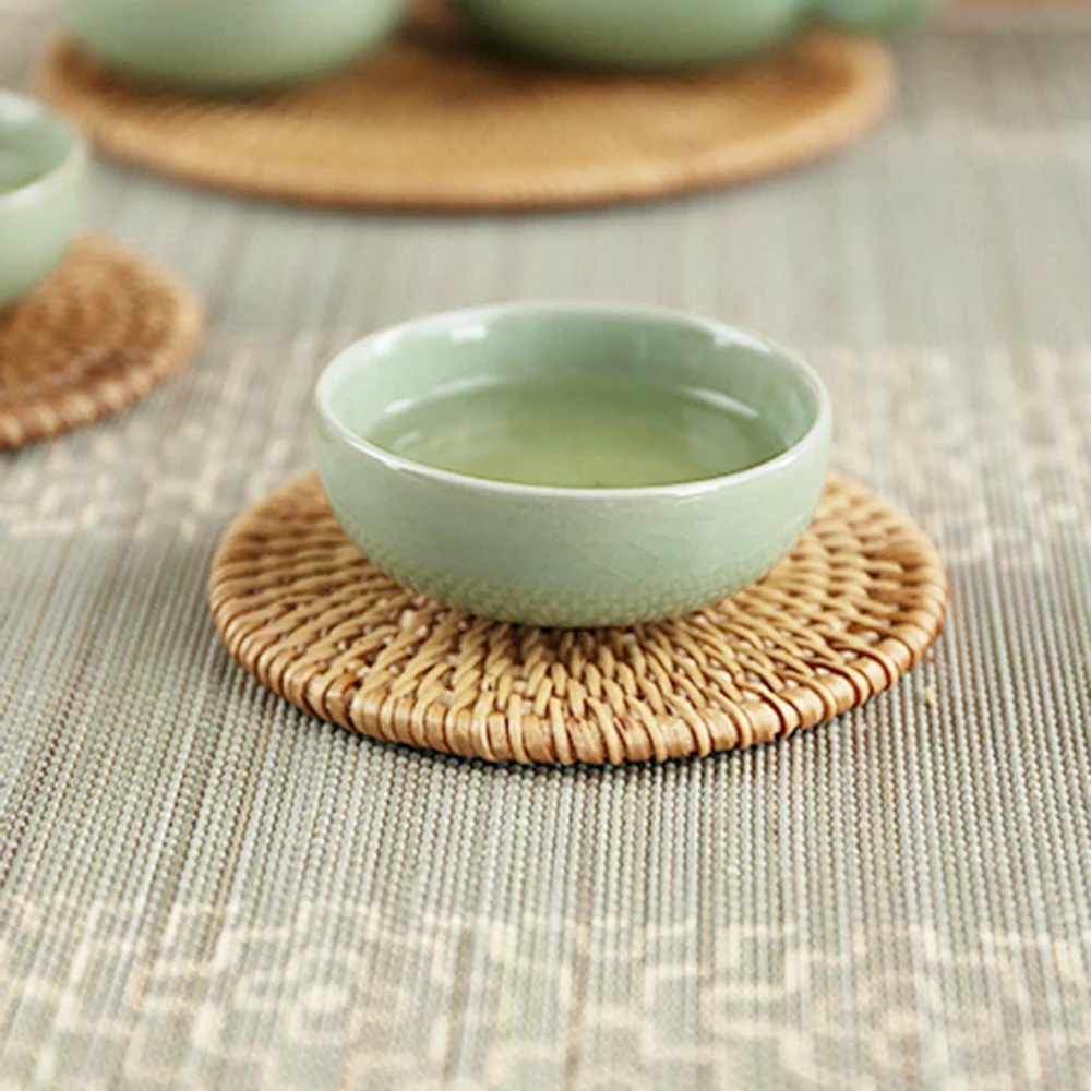 

Placemat for Home Kinds Round Bamboo Coaster Tea Drink Rattan Coasters Mat Heat Insulation Natural