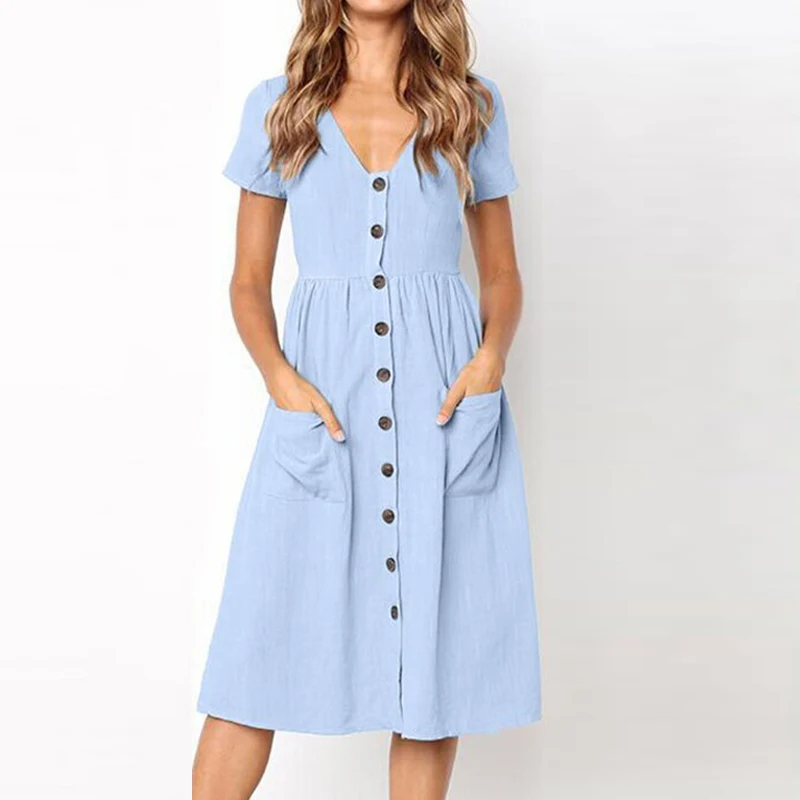 Women's Sexy Summer Dresses 2019 Boho Short Sleeve Button Solid Midi Dress Sundress With Pockets Lady Beach Party Dress Vestidos