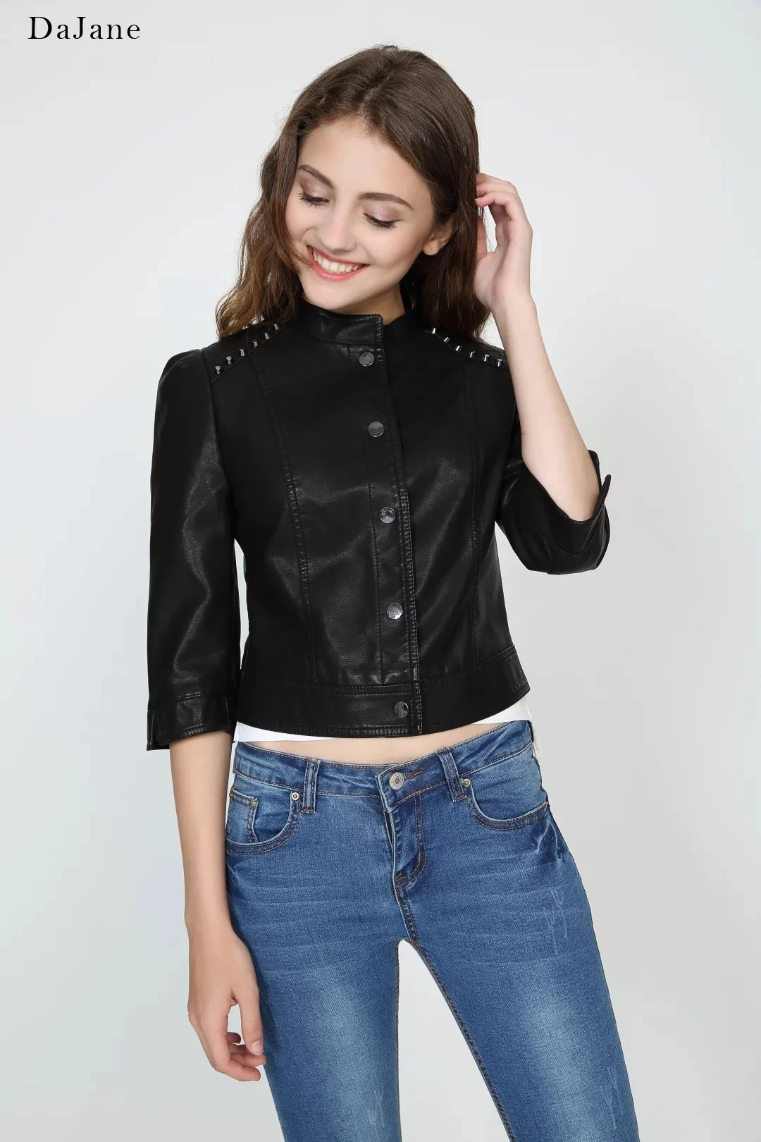 

Autumn New women's Charcoal Black Short Rivets seven-point Sleeve PU Leather Jacket long-sleeved Shirt Leather Jacket Women