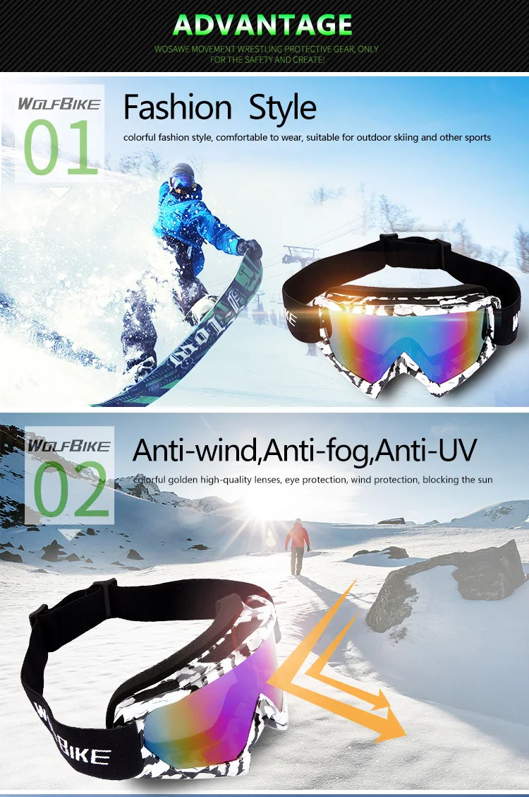 WOLFBIKE Pro Спорт на открытом воздухе очки для катания на лыжах и Цвет объектив UV400 Анти-туман катание на лыжах зимняя обувь для мужчин и женщин, очки с Эластичная лента Сумка без ручек