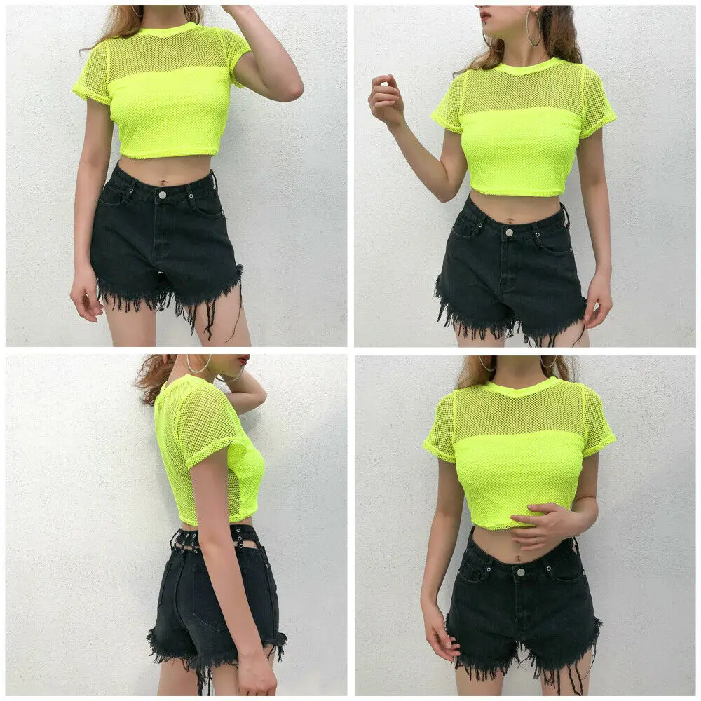 

Women Blouses 2019 Girls Clubwear Mesh Fishnet Hollow Crop Top Short Sleeve Vest Tank Blouses