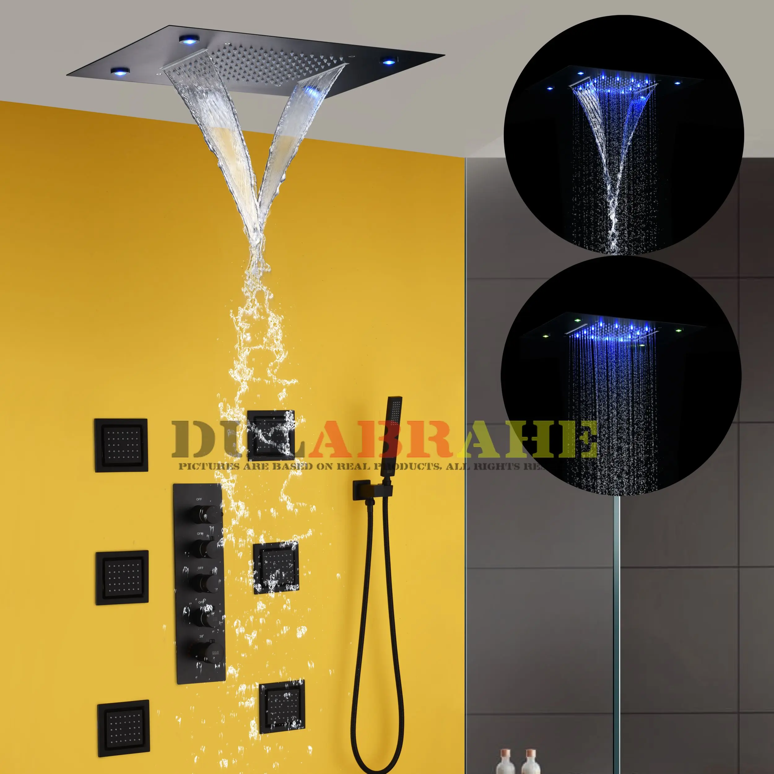 

Bathroom Shower Faucet Mixer Set Hot And Cold Thermostatic Shower Valve Rain LED Shower Head Functions Hand Shower