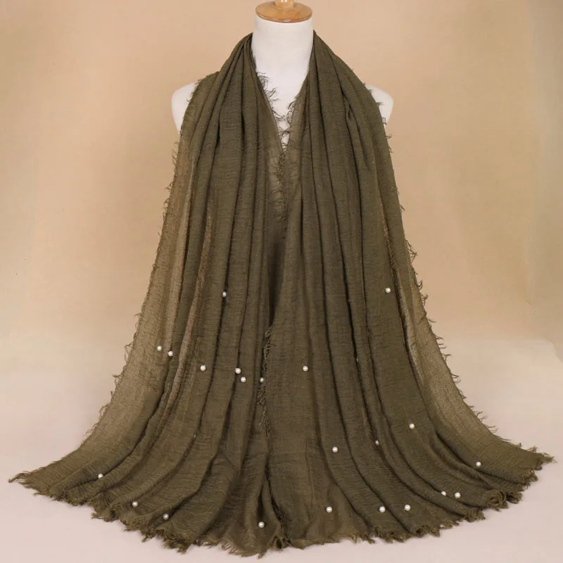 Женский модный шарф со складками из хлопка с бусинами, шарф с жемчугом, платок, пашминовый мусульманский повязка для головы хиджаб 190*100 см