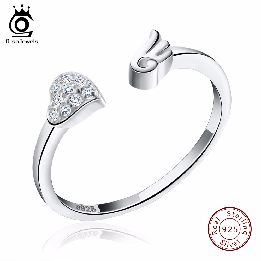 ORSA JEWELS Pure 925 sterling Silver Rings CZ Paved Heart Shape&Angel Wing Rock Adjustable Finger Rings for Women SR02