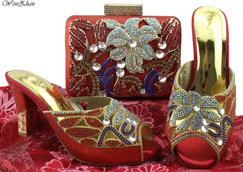 

Latest Party Shoe And Bag Nigerian Flower Rhinestone Italian Style High Heels Shoes And Bags Set For Wedding Dress 8cm B85-15
