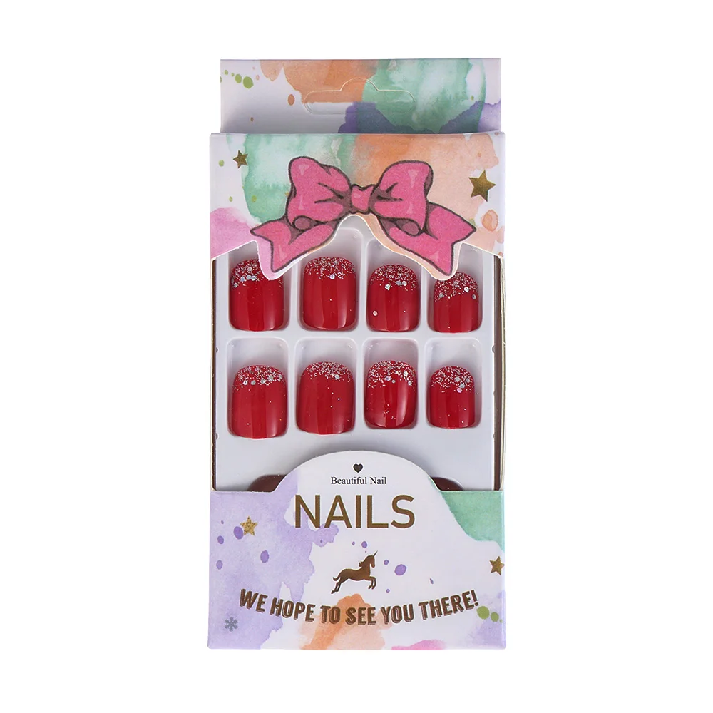 

24Pcs Glitter Powder Design Fake Nails Bright Red Short Square Artificial False Nail Tips with Glue Sticker for Office Home Nail