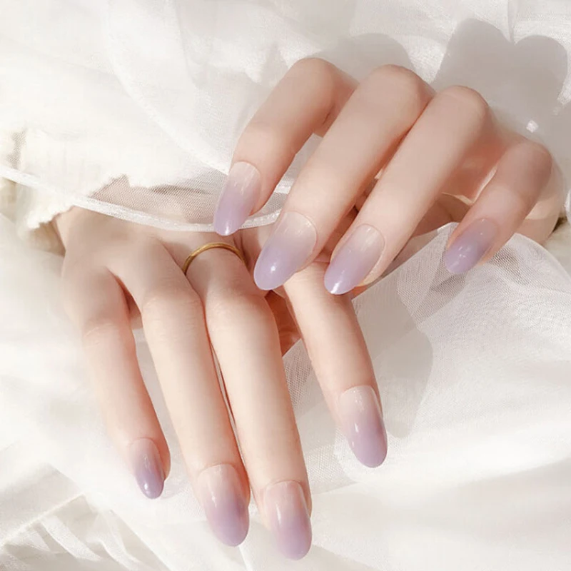 Hot 24Pcs Gradient Purple False Nails Wedding Acrylic UV Gel Full Fake Nails Art