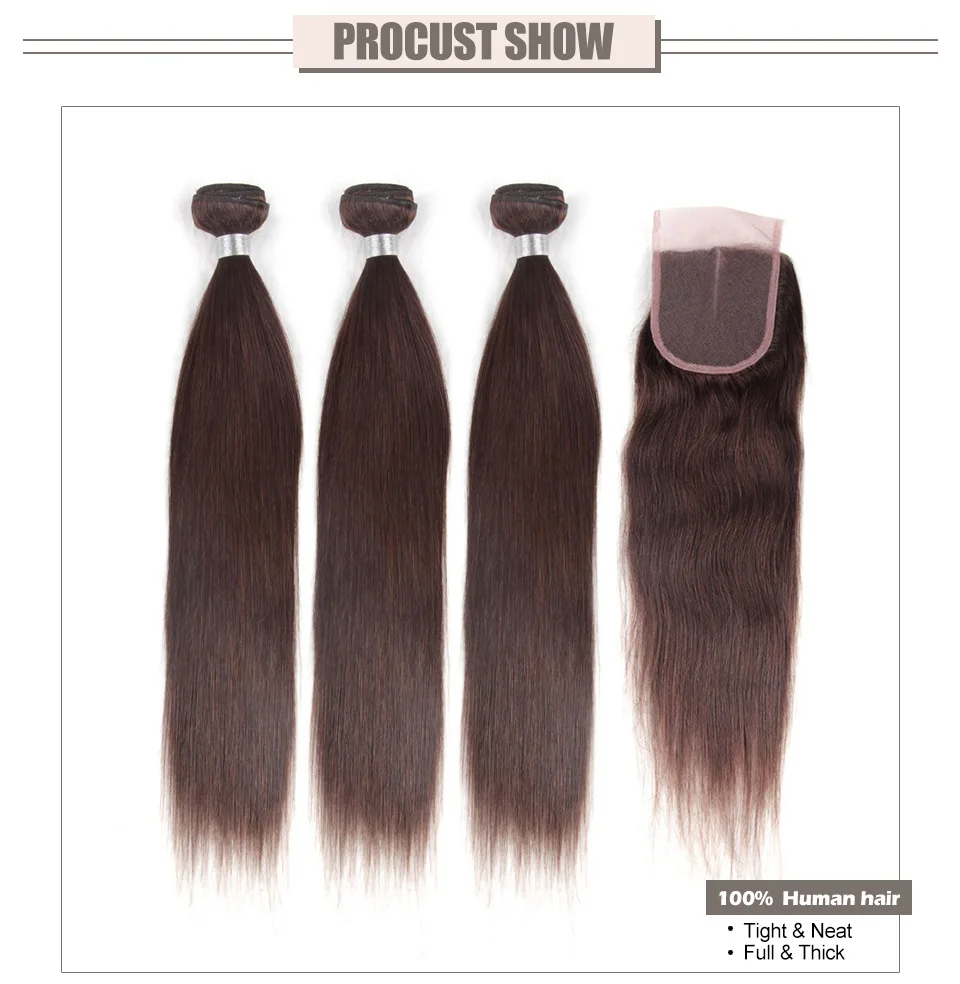 Hair Villa Pre-Colored Brazilian Straight Hair 23 Bundles Human Hair Weave With 44 Swiss Lace Closure #4 Medium Brown  (22)