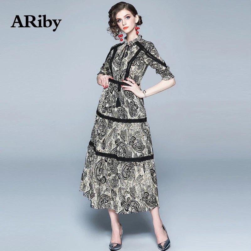 Women Dress Stand Collar Dress 2019 Spring Summer New Elegant French Retro Lady A-Line Print Lace Lantern Sleeves Long Dress