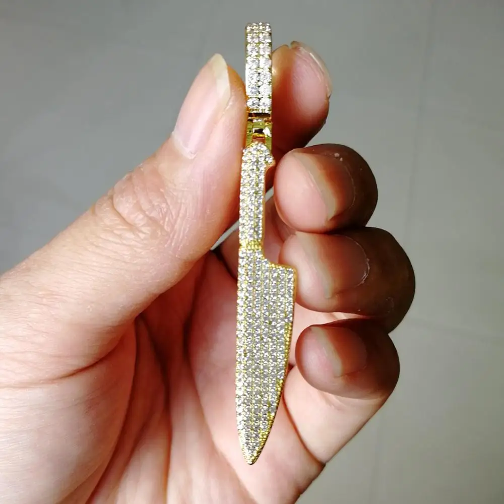 

2019 Men Hip hop iced out bling knife shape pendant necklaces pave setting Cubic Zirconia male Hiphop necklace jewelry gifts