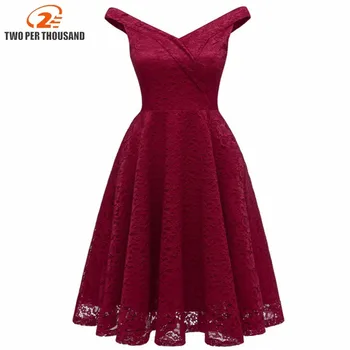 

Women Vintage Lace Dresses Summer Retro Lace Thin Dress Elegant Party Clothes Slash Throat Short Walk From The Shoulder Dress