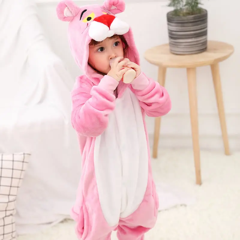 Детские пижамы кигуруми в виде животных, зимние фланелевые теплые пижамы для мальчиков и девочек, единорог, Ститч, панда, косплей, комбинезон с капюшоном, милая одежда для сна - Цвет: Pink leopard