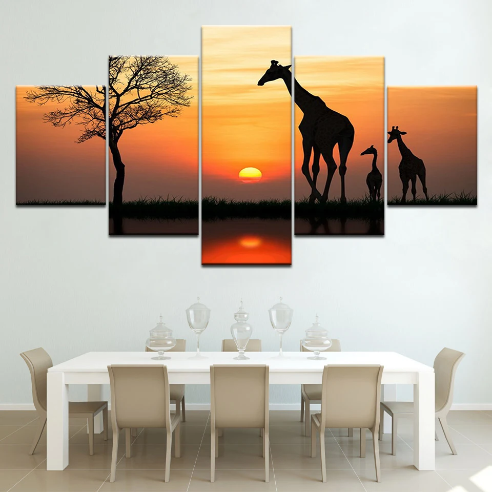 

Canvas Wall Art Pictures Framework Home Decor 5 Pieces Sunrise Giraffe Tree Landscape Painting Modular HD Prints Animal Poster
