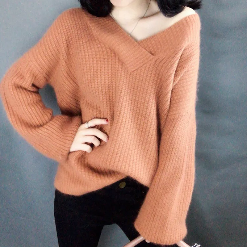 HZYRMY Autumn Winter New Women's Cashmere Sweater Solid color V-Neck Large size High Quality Pullover Warm Short Female Sweater 