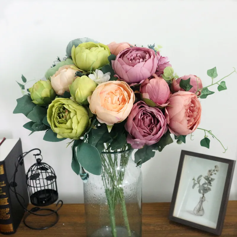 Flone Hight Quality Silk Flower European Peony Flower Bouquet Artificial Flowers Fake Leaf Wedding Home Party Decoration (5)