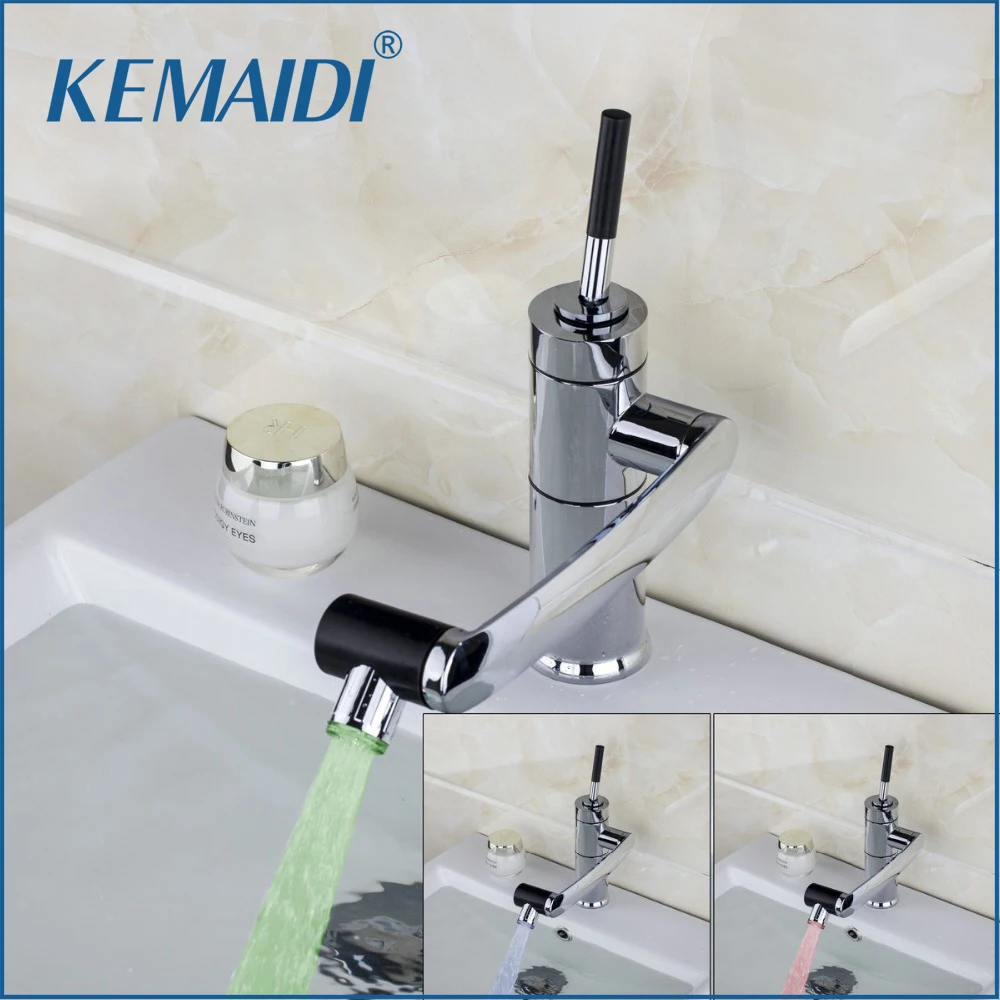 KEMAIDI New Kitchen Faucet Temperature Sensor LED Light Swivel Chrome Sink Basin Deck Brass
