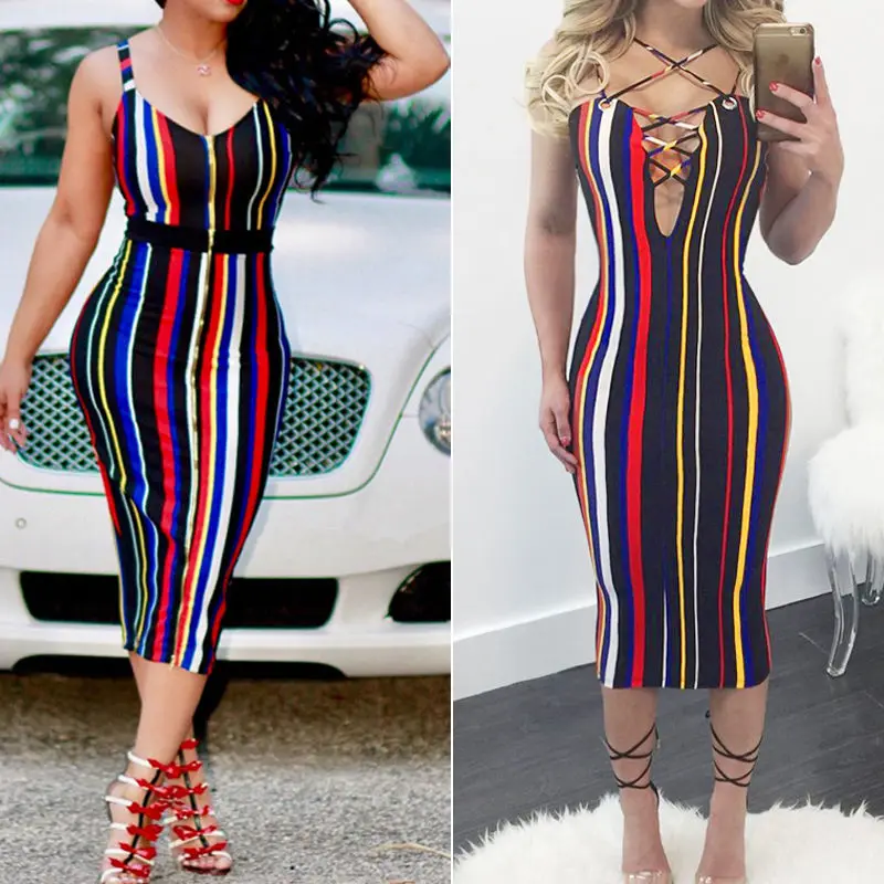 

2017 New Woman Dress Summer striped Colorful Bandage Bodycon Evening Sleeveless Sexy Party Woman Dress Casual Clothing