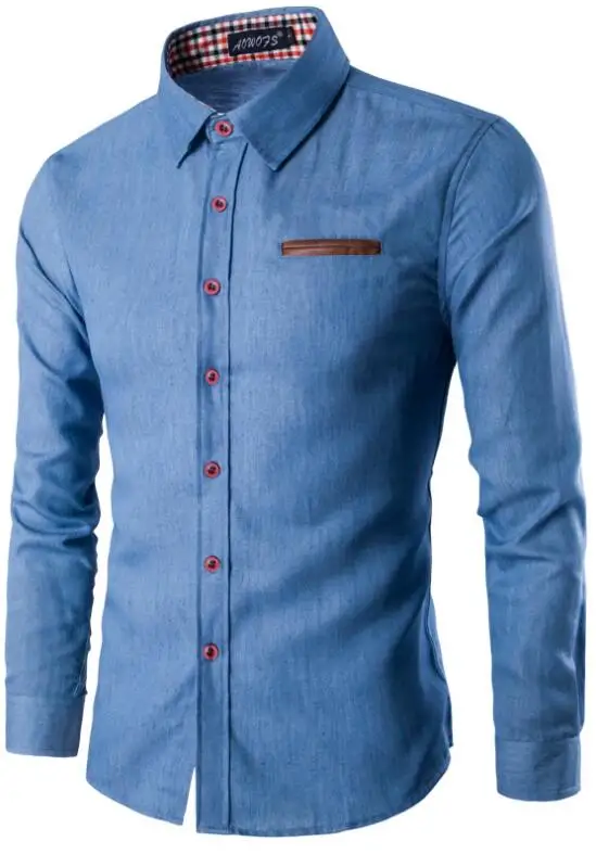 Новинка, модная брендовая мужская рубашка с карманами, кожаная рубашка с длинным рукавом, приталенная Мужская рубашка, повседневные мужские рубашки, модель - Цвет: Light blue shirt