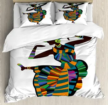 

African Woman Duvet Cover Set, Black Girl in a Traditional Dress Performing an Ethnic Dance Native Zulu 4 Piece Bedding Set