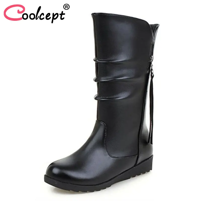 CoolCept Size 33 43 Women Flats Boots Zipper Round Toe Mid Calf Ladies