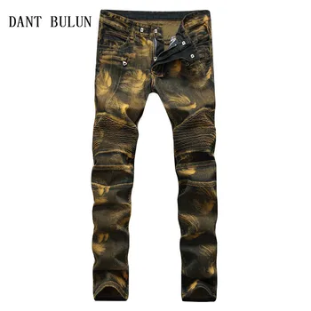

2020 High Quality Retro Men Gold Painting Jeans Slim Straight Pleated Biker Motorcycle Denim Pants Casual Trousers,TS1755