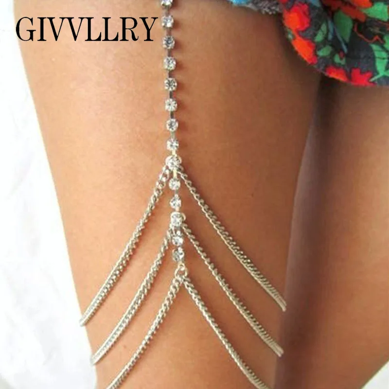 

GIVVLLRY 3 Layers Leg Thigh Chain Sexy Gold Silver Color Body Harness Leg Jewelry Beach Shiny Rhinestones Body Chains for Women